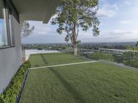 the large grassy garden is on a house deck with views of the city below it