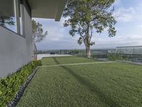 the large grassy garden is on a house deck with views of the city below it