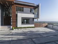 the exterior and landscape of a modern house in los angeles, california with stone and wood