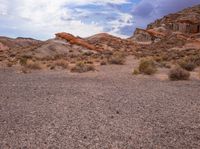 a couple of red rocks in the desert and some bushes and dirt and a cloudy sky