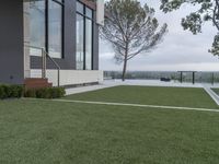 a large outdoor area with lawns and grass in front of the house with a pool on the side
