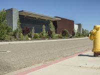 a yellow fire hydrant sits on the sidewalk near some bushes and trees are in front of the building