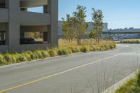 a truck sits in the parking garage on the side of a city street with tall grass on the curb