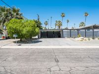 the house that looks like it is in a suburban neighborhood with palm trees on both sides of