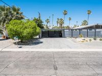 the house that looks like it is in a suburban neighborhood with palm trees on both sides of