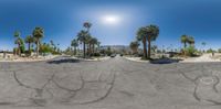 this is a panoramic view of a road in palm springs, florida, with a stop sign