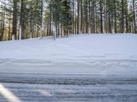 a skier stands at the edge of a slope where a snow bankers have plowed