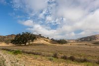 a road passing through a dry grass field in the middle of a mountain range with clouds in the sky