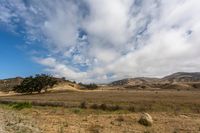 a road passing through a dry grass field in the middle of a mountain range with clouds in the sky