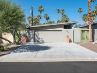 a modern palm desert style house with concrete driveway and tree lined path at the side of the home