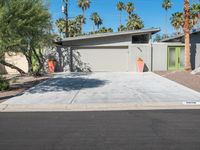 a modern palm desert style house with concrete driveway and tree lined path at the side of the home