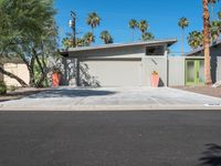 a modern palm desert style house with concrete driveway and tree lined path at the side of the home