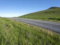 an empty road with a single lane through tall grass and a hill on the other side