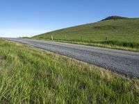 an empty road with a single lane through tall grass and a hill on the other side