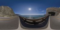 two fisheye images of road to the ocean and sun on a sunny day with blue sky and clouds