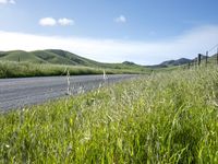 a car sits on the roadside beside a field of grass with hills and valleys behind it