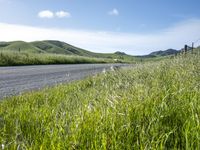 a car sits on the roadside beside a field of grass with hills and valleys behind it