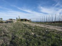 the small hut on a hill with large poles in the background is empty and grass is around it