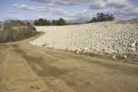 a graveled dirt road on a sunny day near a field of rocks and trees
