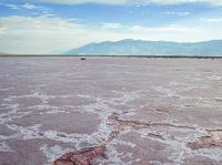 a red river with pink colored surface and mountains in the distance against a blue sky