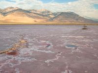 there is some very pink colored water in the desert area and the mountains behind it