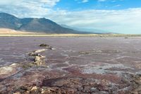 there is an empty lake with rocks scattered about it in the middle of the desert