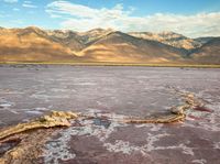 a body of water filled with lots of mud and rocks under mountains in a desert