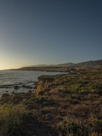 a grassy field by the shore and a cliff with rocks in the ocean in the background