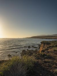 a grassy field by the shore and a cliff with rocks in the ocean in the background