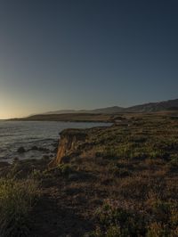 a grassy field by the shore and a cliff with rocks in the ocean in the background