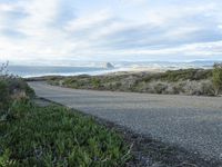 a lone road that runs near the beach next to the ocean shore on an overcast day