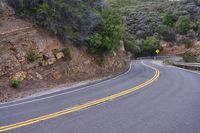 a curve road going through a rocky area with trees on both sides and a yellow painted sign that reads,