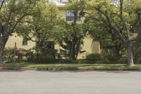 a building with many trees near by and on the street side of it with two buildings