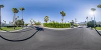 a view from a fish eye lens of a street with palm trees and palm trees