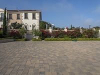 a woman rides a skateboard through the sidewalk next to a house with tall shrubs and bushes