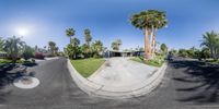 a view from a fisheye lens of a residential street, palm trees and lawn in front of houses