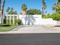 the driveway of the house is blocked off by a fence and palm trees near the entrance