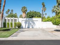 the driveway of the house is blocked off by a fence and palm trees near the entrance