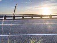 a highway next to some water and some grass with the sun shining above it and a sea