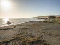 a grassy field by the shore and a cliff with rocks in the ocean in the background