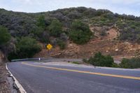 a hill side curve next to a road with two yellow lines in the middle of it