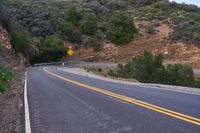 a hill side curve next to a road with two yellow lines in the middle of it