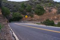 a hill side curve next to a road with two yellow lines in the middle of it