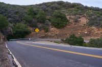 a hill side curve next to a road with two yellow lines in the middle of it