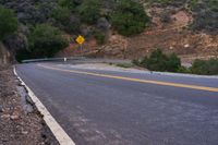 a hill side curve next to a road with two yellow lines in the middle of it