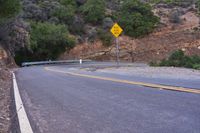 a hill side curve next to a road with two yellow lines in the middle of it