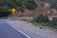 a hill side curve next to a road with two yellow lines in the middle of it