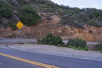 a hill side curve next to a road with two yellow lines in the middle of it