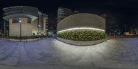 an artistic fisheye photo showing the entrance to a building in a city at night