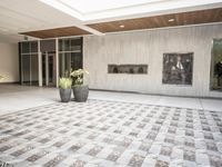 a tiled floor outside of a building near pots of planties on each side of the room